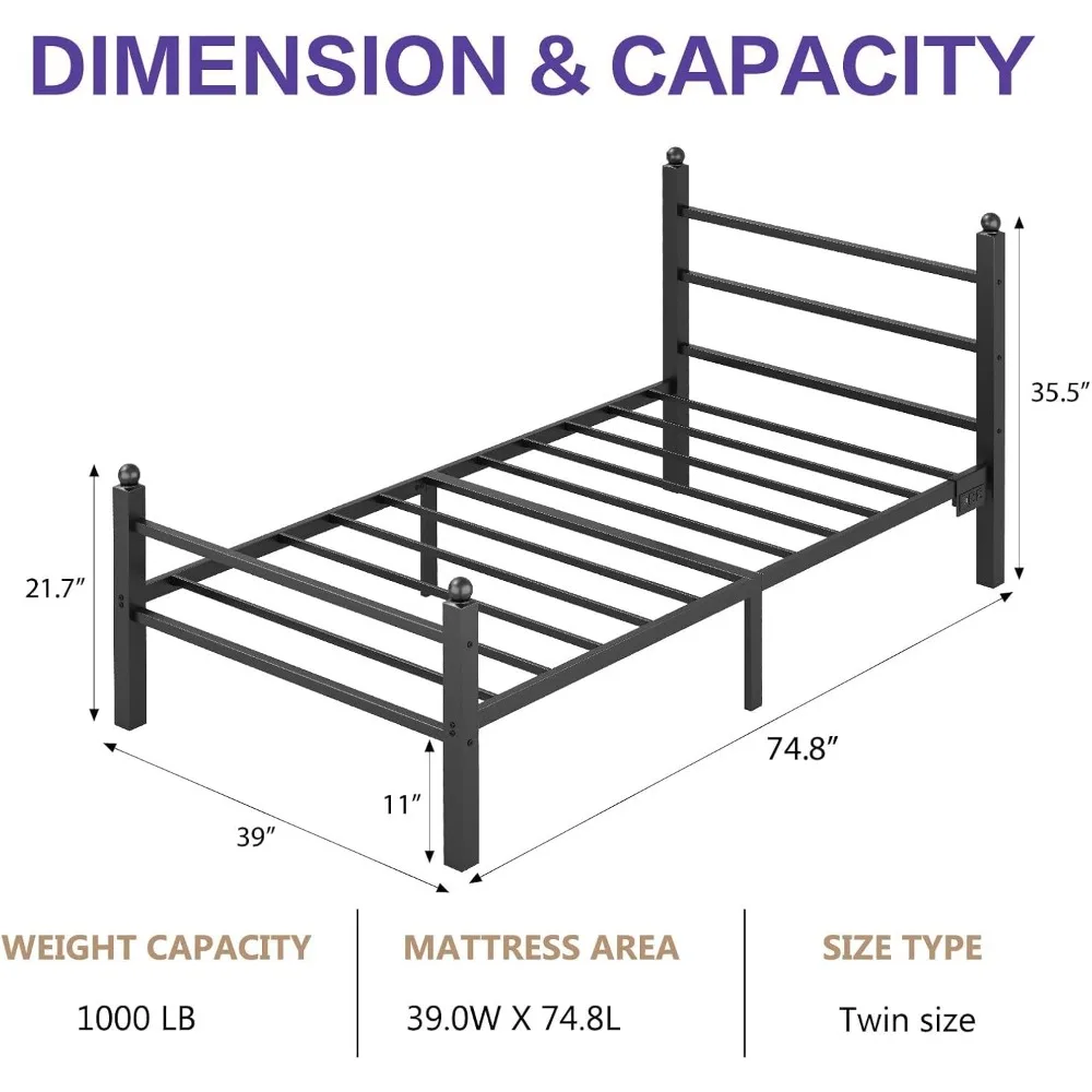 إطار سرير مزدوج مع لوح أمامي ولوح للقدمين، إطار سرير معدني مع قاعدة شحن وأضواء LED، تخزين تحت السرير، بدون صندوق Spr