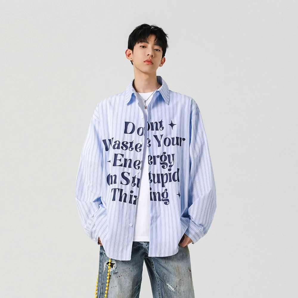 

Men Women Summer Trendy Loose Match Short Sleeve Motorcycle Style Shirt for Couples American Stripe Letter Print Casual Shirt