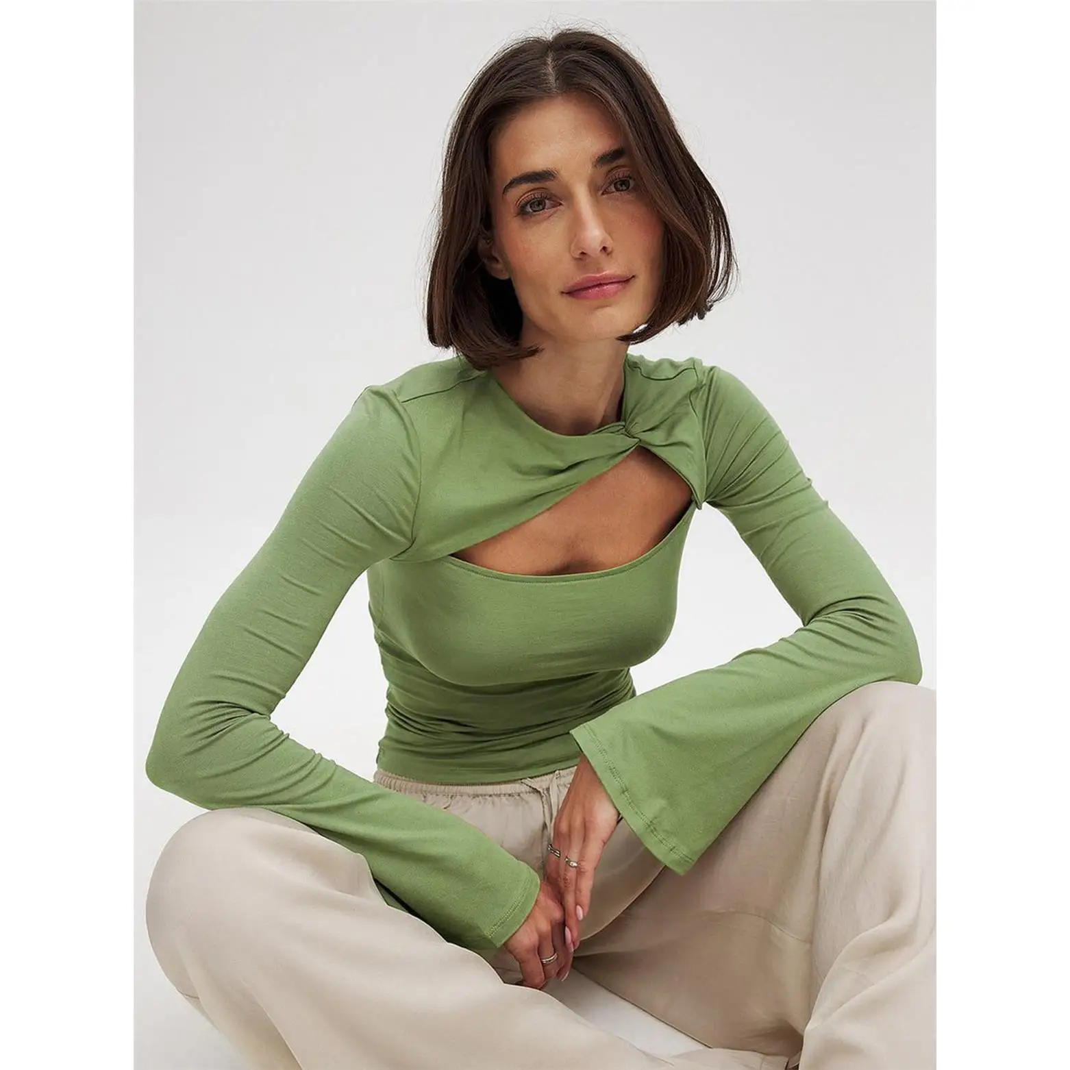 Fashionable Hollow out Slim Fit Women's T-shirt Spring Summer New Arrival Cross-Border CleanFit Knitted Cotton Long Sleeve ro...