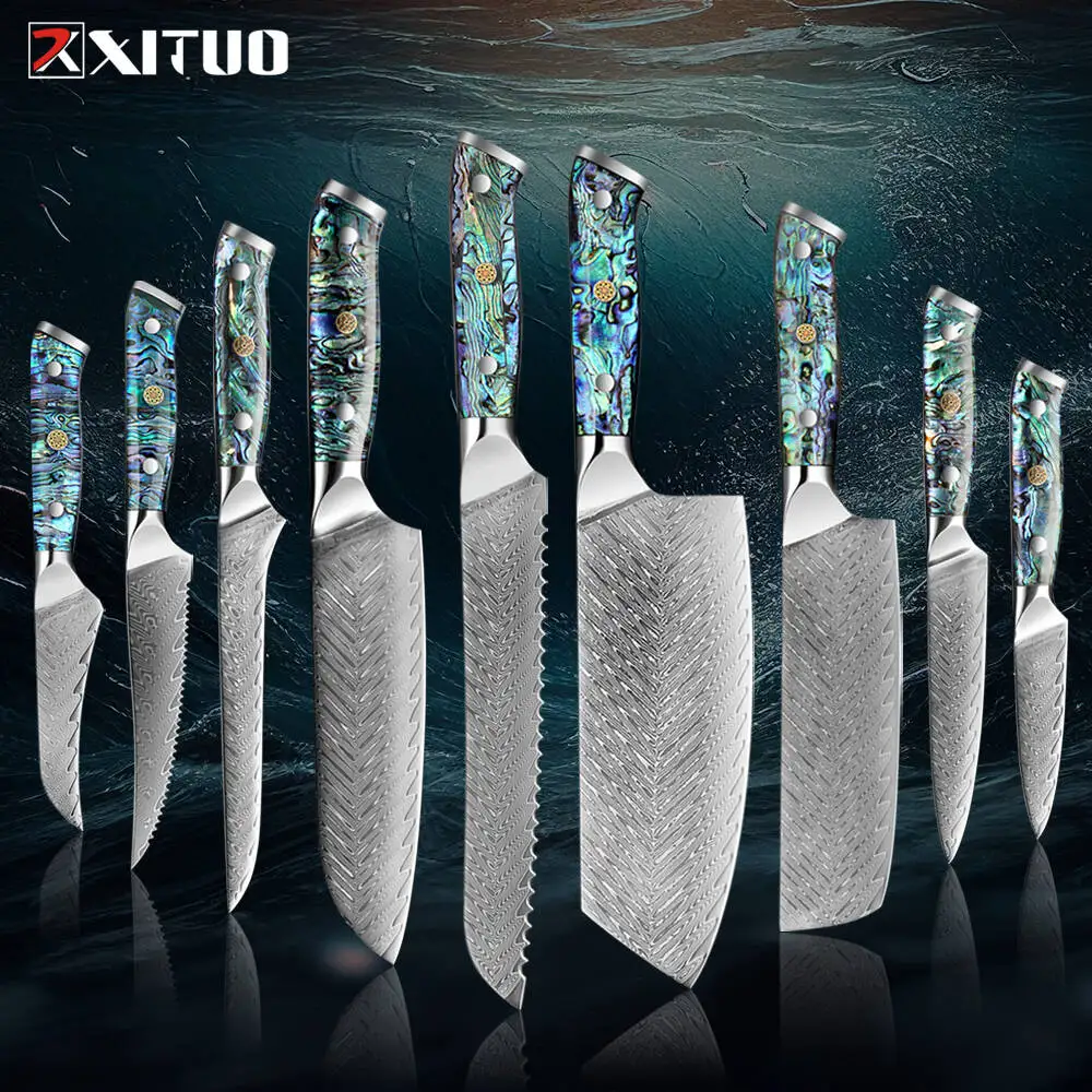 Japanese Kitchen Knives Set 1-9pcs, Abalone Shell Acrylic Handle, Damascus Steel Sharp Chef, Cleaver,Boning,Fruit Cooking Knife