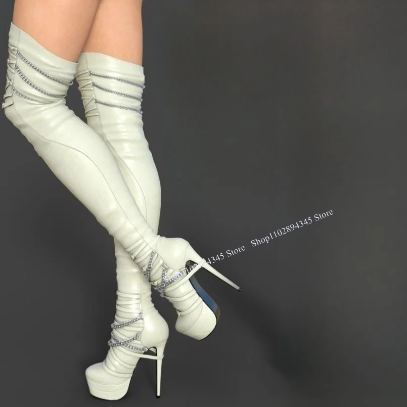 

White Over Knee High Western Boots Cool Zipper Round Toe Platform Waterproof Novel Style Sexy Woman Shoes Zapatillas Mujer