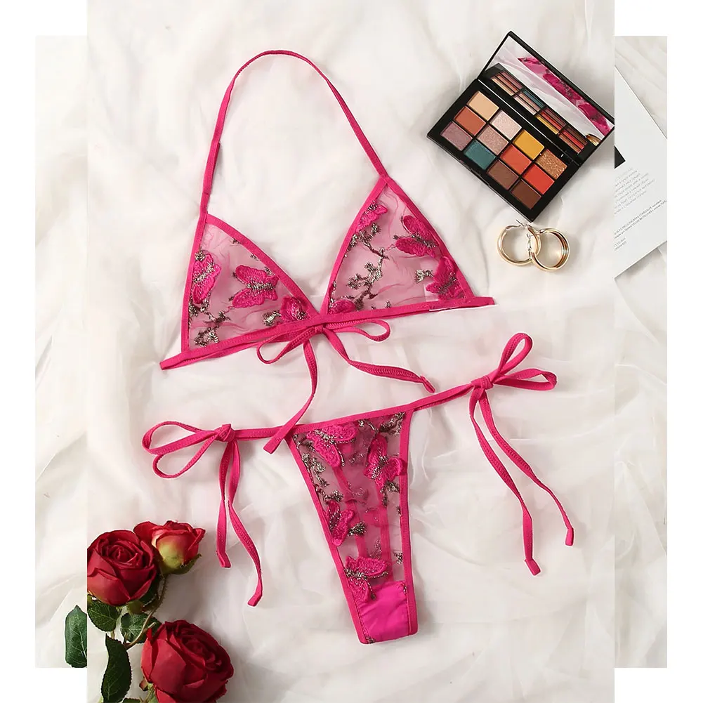 

Women Sexy Floral Embroidery Lingerie Set Lace Halter Unlined Bra Mesh Ultra-Thin Underwear Solid Cute T-back Thong Nightwear