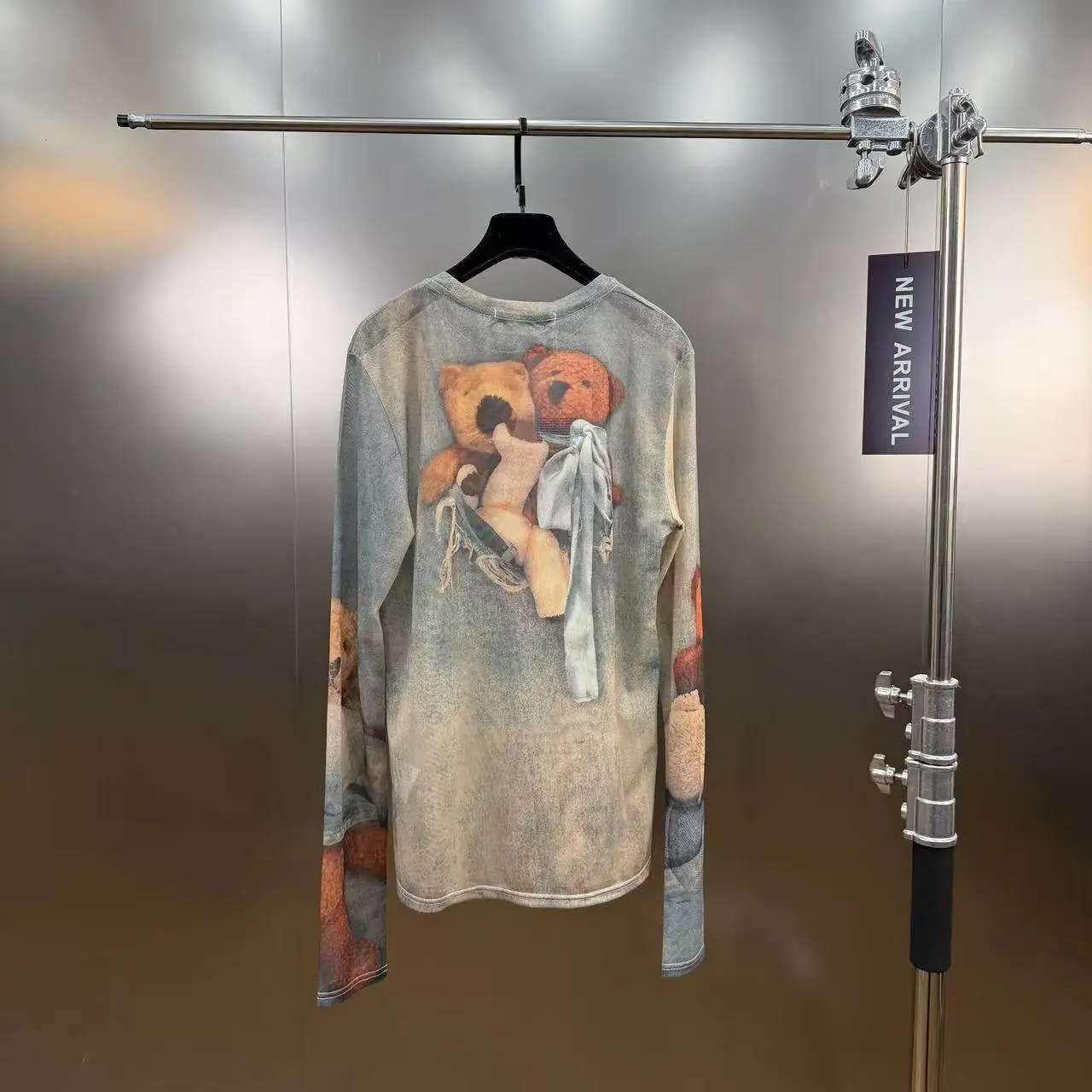 High Street Tees Spring Teddy Bear Printed Long Sleeved T-shirt Women's Mesh Slim Fit and Slimming Casual Tshirts Top