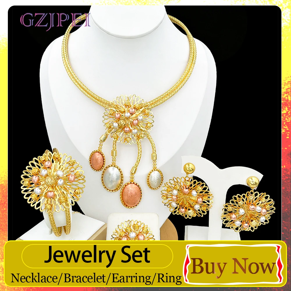 GZJPEI Multi‑Color Hollow Flower Jewelry Set For Women Wedding Party Jewelry Accessories For Women Bijoux De Mode Ensembles De