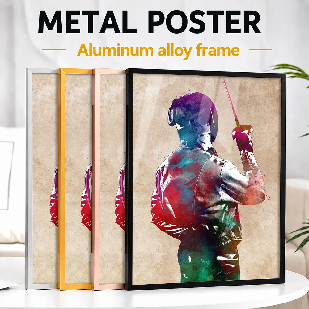Fencing Sport Framed Metal Print Customized Photo Watercolor Motion Style Wall Art For Training Studio Thoughtful Athlete Gift