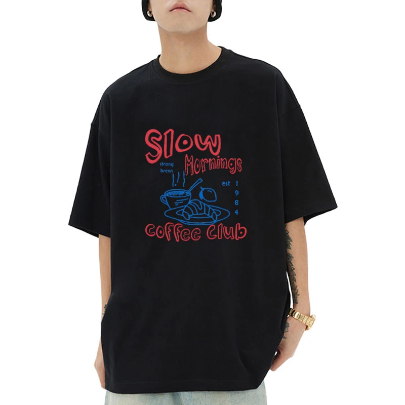

Summer vintage Graphics Slow Mornings Coffee Club Graphic printed T shirt Men Women Cotton Casual short sleeve T-shirts Unisex