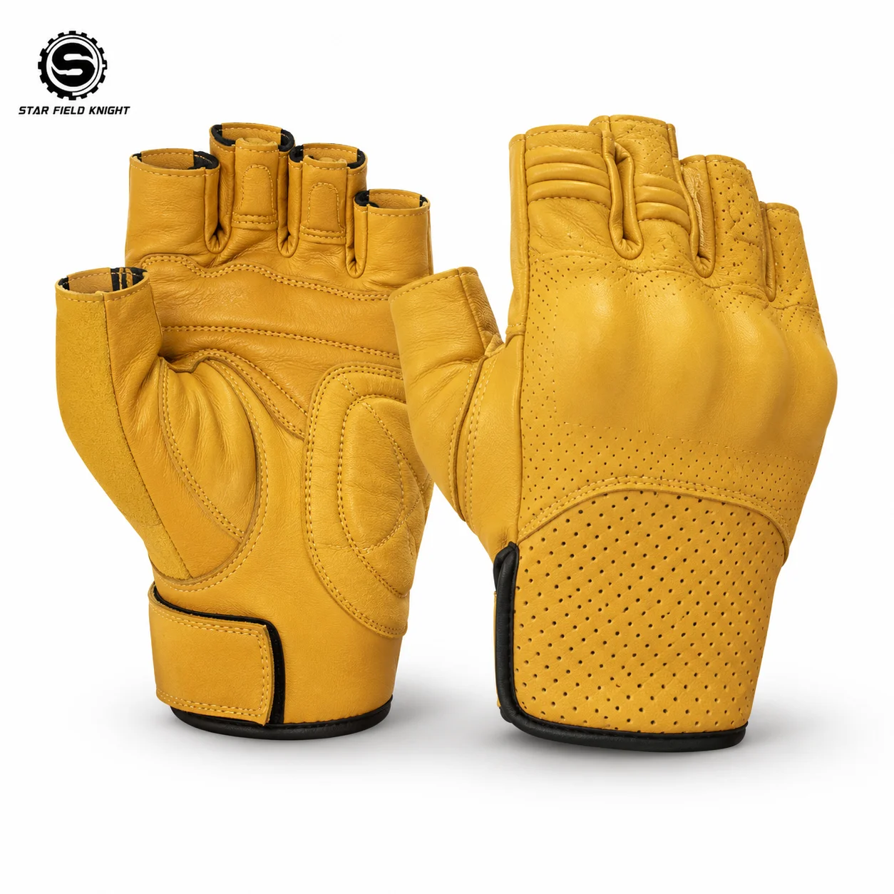 STAR FIELD KNIGHT SKG-538 Motorcycle Half Finger Gloves Men Genuine Leather Breathable Retro Fingerless Summer Riding Gloves