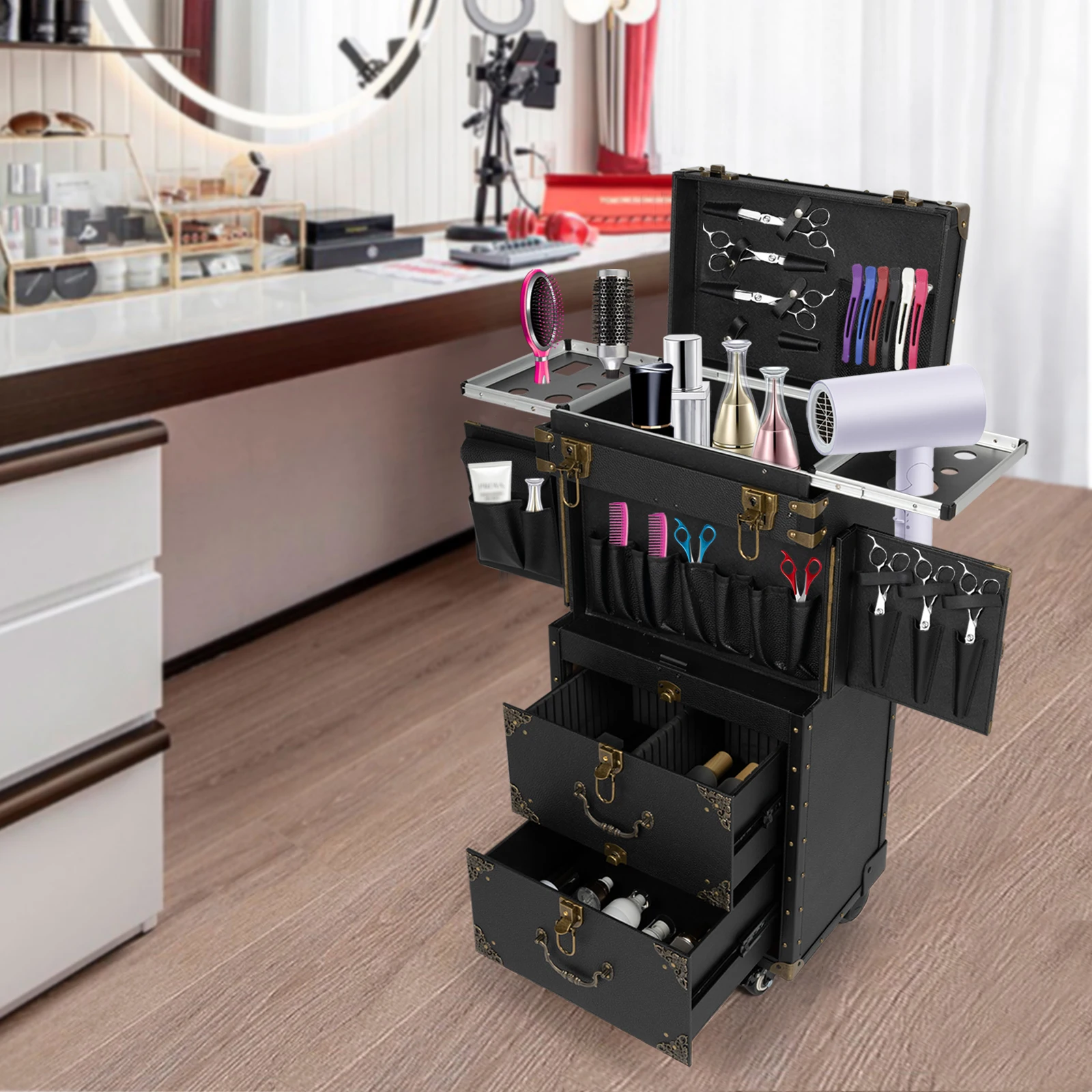 Lockable Makeup Train Case Hairdressing Trolley Stylist Beauty Salon Cosmetic Luggage Travel Organizer Tool Box with Hair