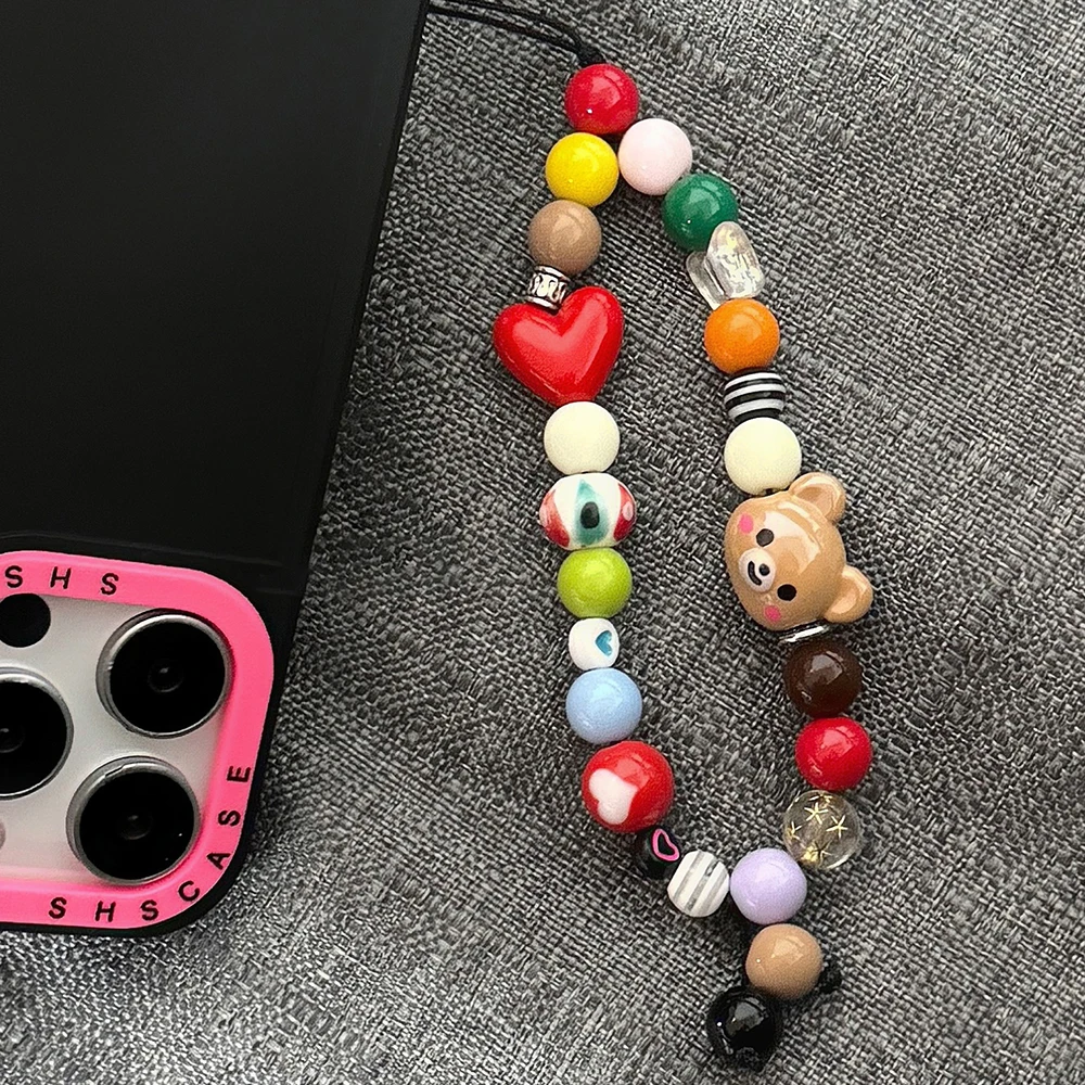 Cute Bear Colored Beaded Phone Charm Chain Keycord For iPhone Stylish Heart Camera Bag Jewelry Strap Gift Girl Hanging Cord Rope