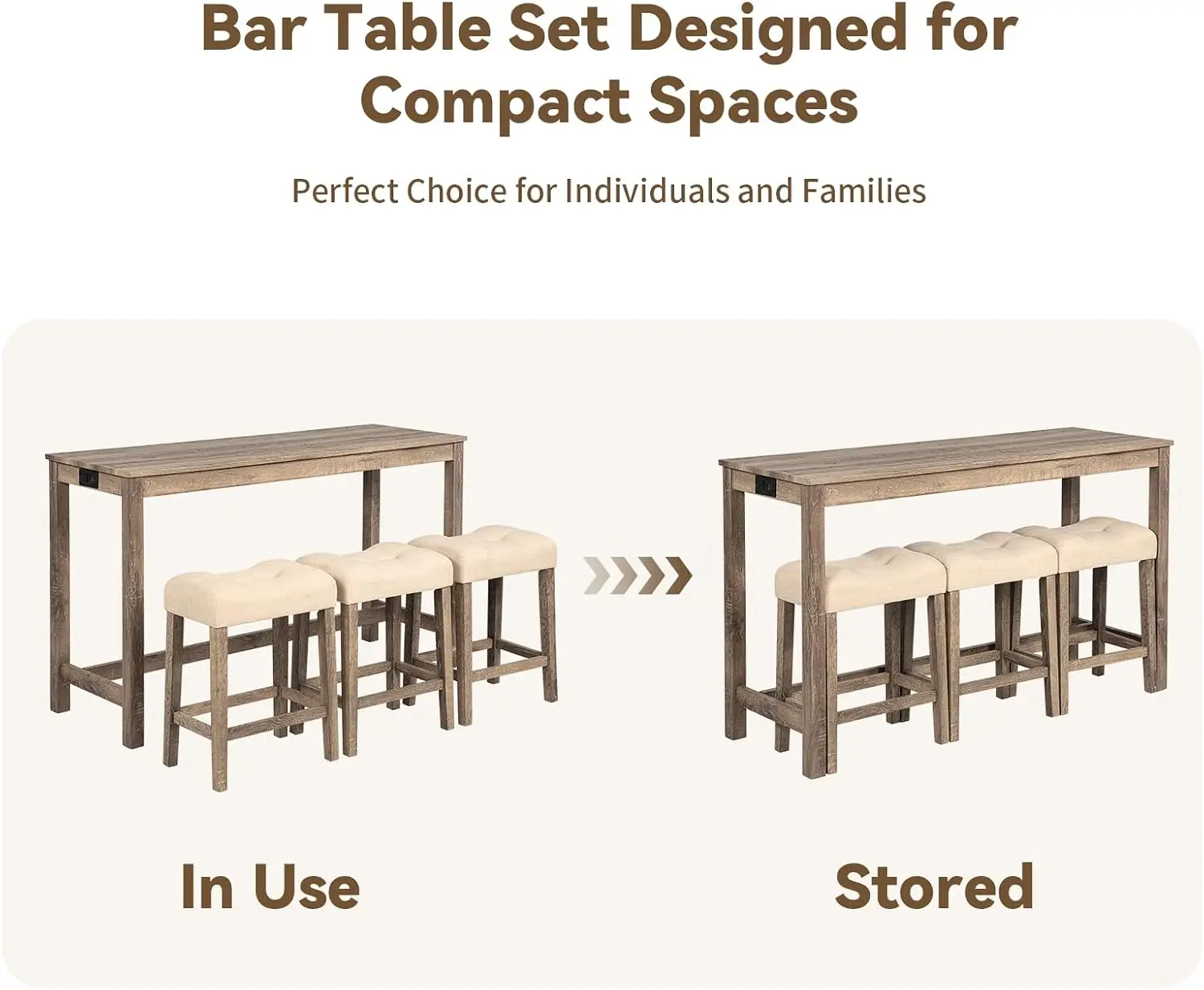 Counter Height Bar Table Set With Power Outlet, Industrial Breakfast Table With 3 Padded Stools, 4 Piece Wooden Dining Room Pub Furniture Set For Kitchen, Living Room, Brown