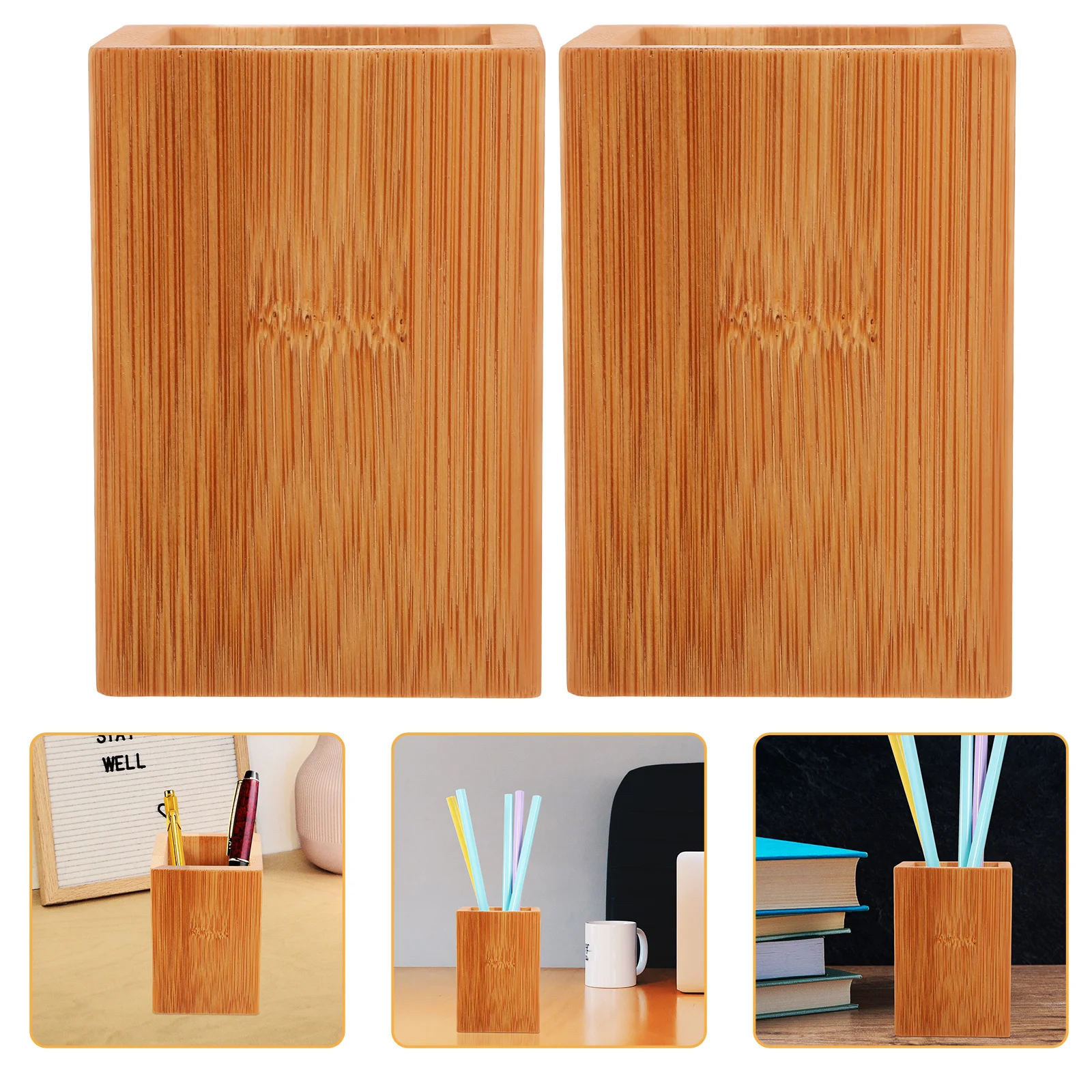 

2Pcs Bamboo Pen Holder Pen Cup Desktop Organizer Pencil Container Office Supplies Storage Bucket Stationery Holder