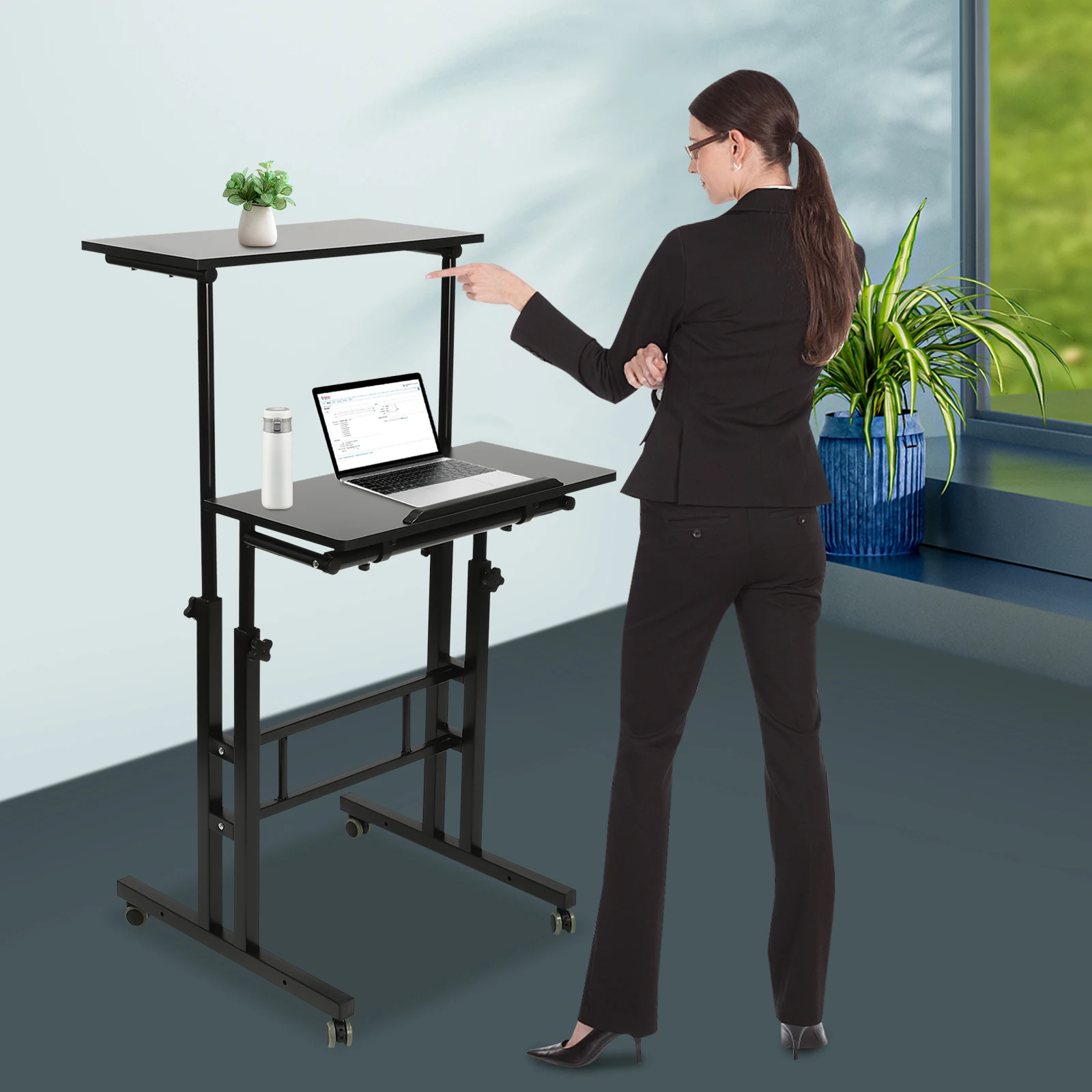

Mobile Height & Desktop Adjustable Standing Desk Rolling Stand Up Computer Workstation, Portable Sit Table for Bed Couch School