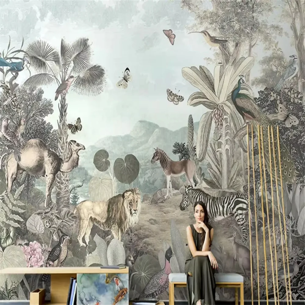 

Custom 3d wallpaper mural Southeast Asia tropical rainforest plant animal lion background wall stickers papel pintado de pared