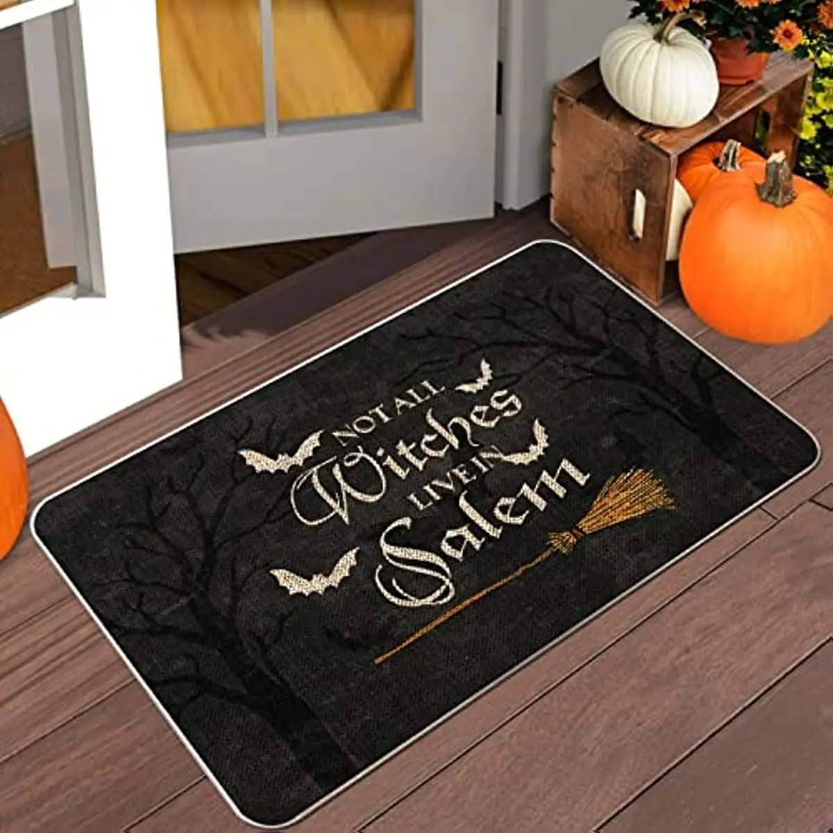 Halloween Door Mat Outdoor Rug Bat Broom Doormat NOT All Witches Live in Salem Rugs Farmhouse Decor Kitchen Floor Front Door Mat