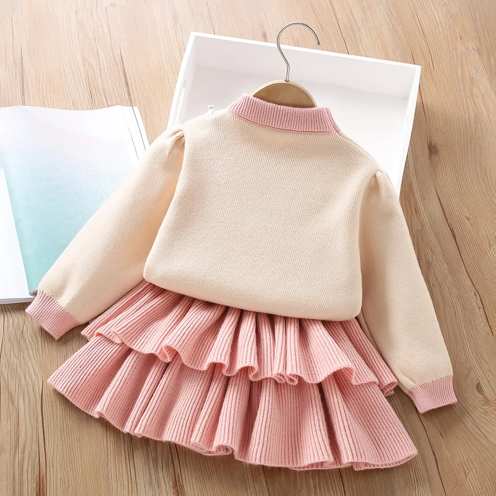 2-6Y Kids Clothing Set 3D Heart Sweaters And Cake Knit Skirts 2 Pcs Girls Knit Suit  Knit Pullover Girls Outfit