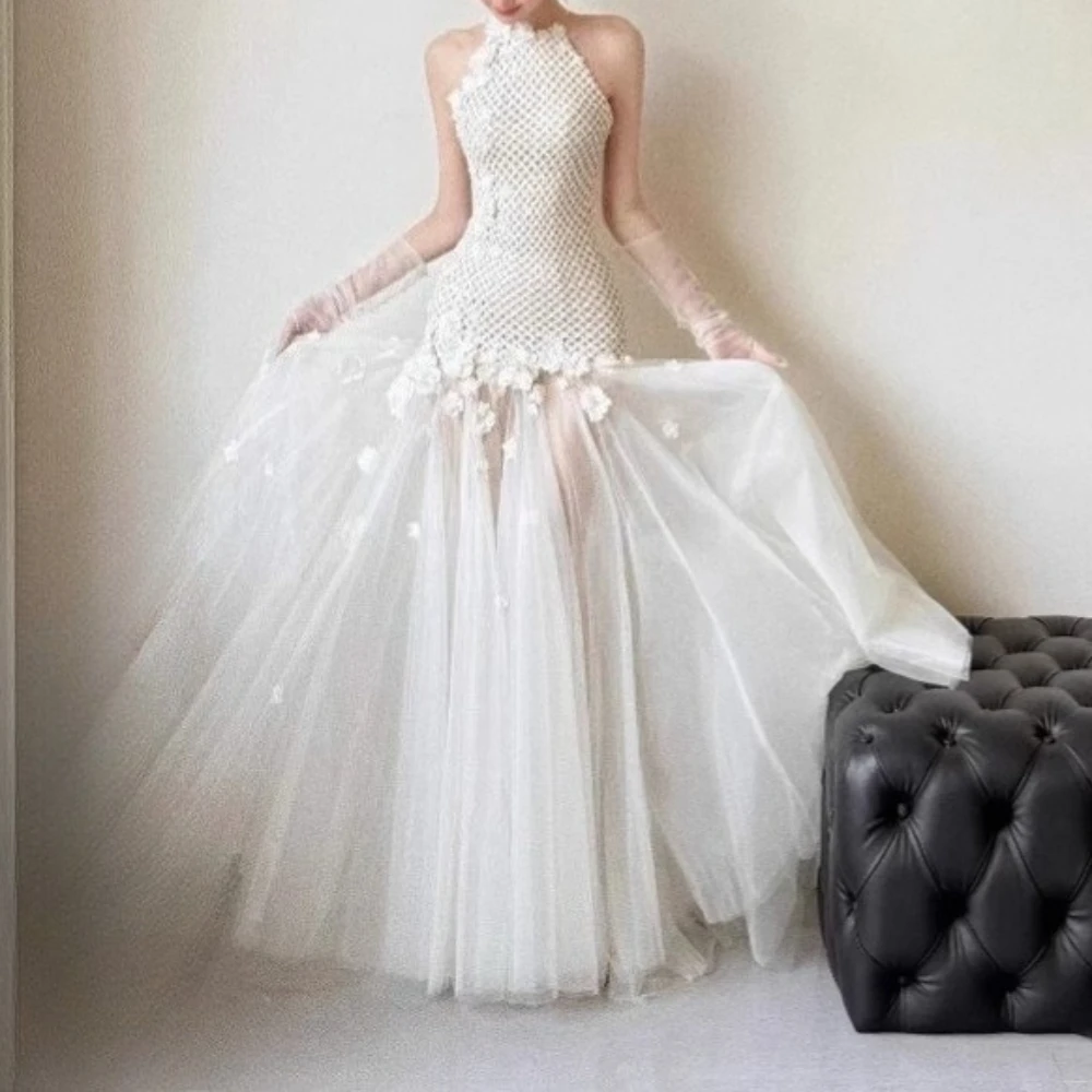 TWOTWINSTYLE Solide Sheer Verstärktes Applikationen Elegante Kleider für Frauen Halfter Ärmellose Patchwork Mesh Kleid Weibliche Kleidung Neue