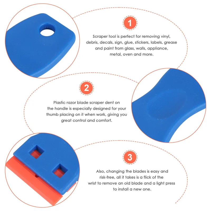 -A14E 4 قطع مكشطة شفرة حلاقة بلاستيكية و200 قطعة شفرات، أداة إزالة ملصقات الملصقات للحشوات والدهانات على النافذة