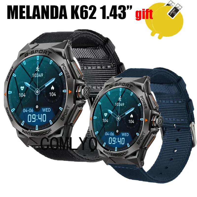 3in1 for MELANDA K62 1.43” Smart Watch Strap Band wristband Nylon Canva women men Belt Screen Protector