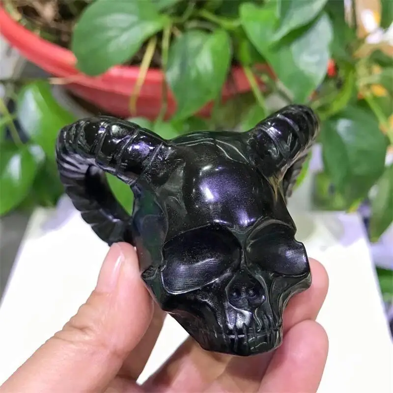 

Natural Black Obsidian Horned Demon Skull Carved Mineral Sculpted Healing Gemstone Crystal Crafts For Art Collection Gift 1PCS