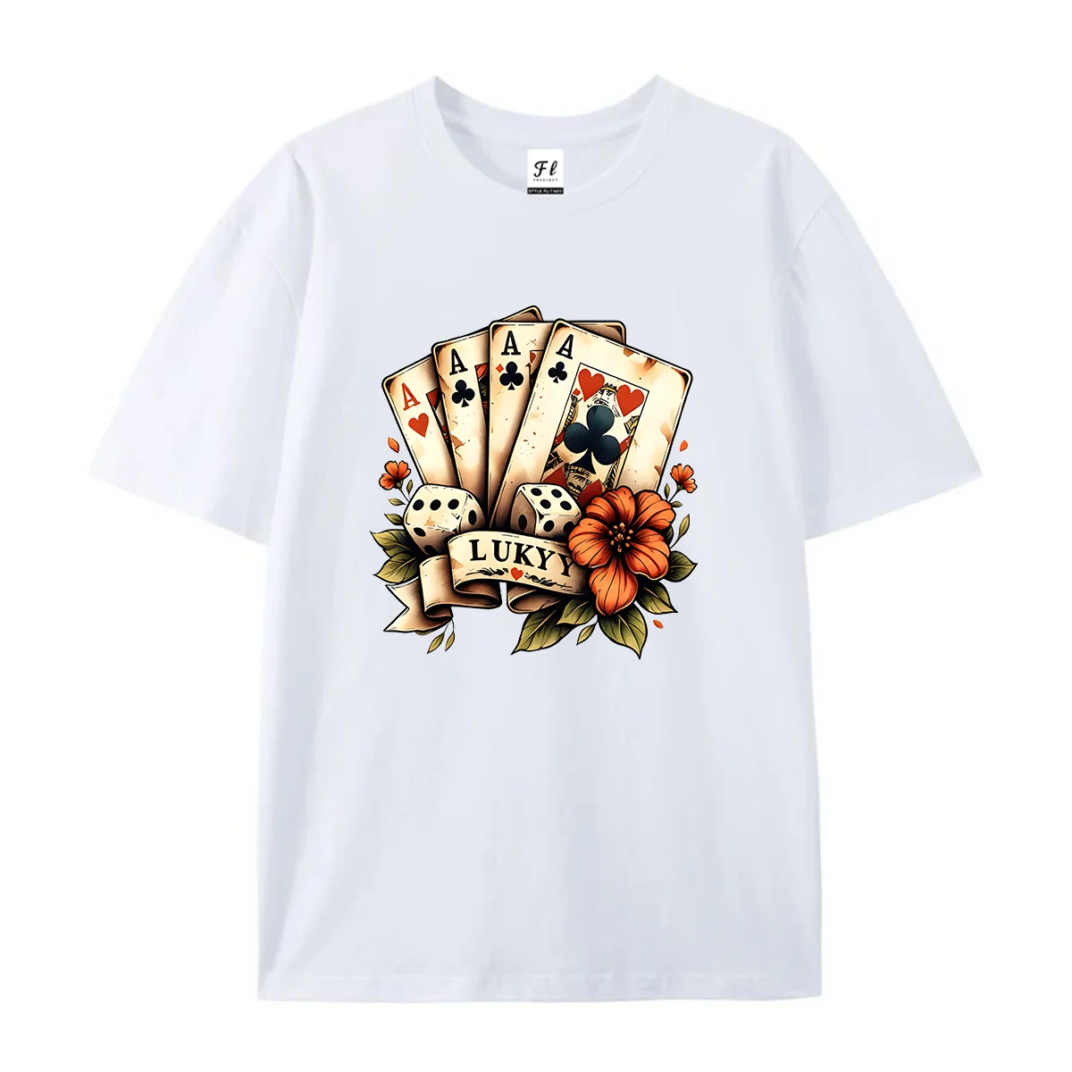 Women Vintage Poker A Dice Floral Graphic T Shirt Casual Short Sleeve Tee Retro Lucky Card Print Loose Soft Cotton Tops Female