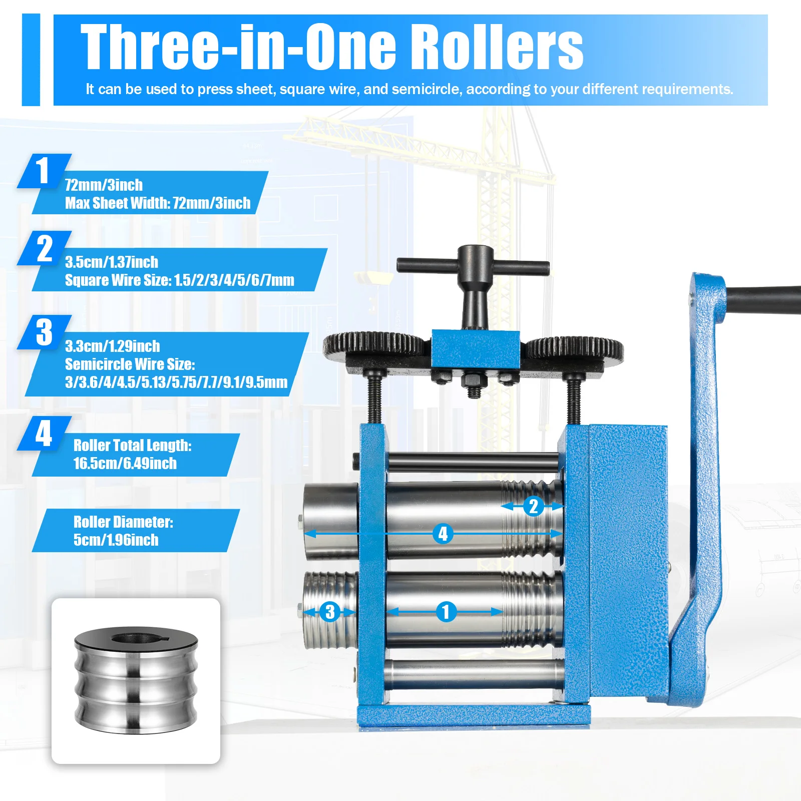 

Blue Three-in-one Jewelry Rolling Mill Machine 40Cr with Replaceable Semicircle Mold for Gold Silver Copper
