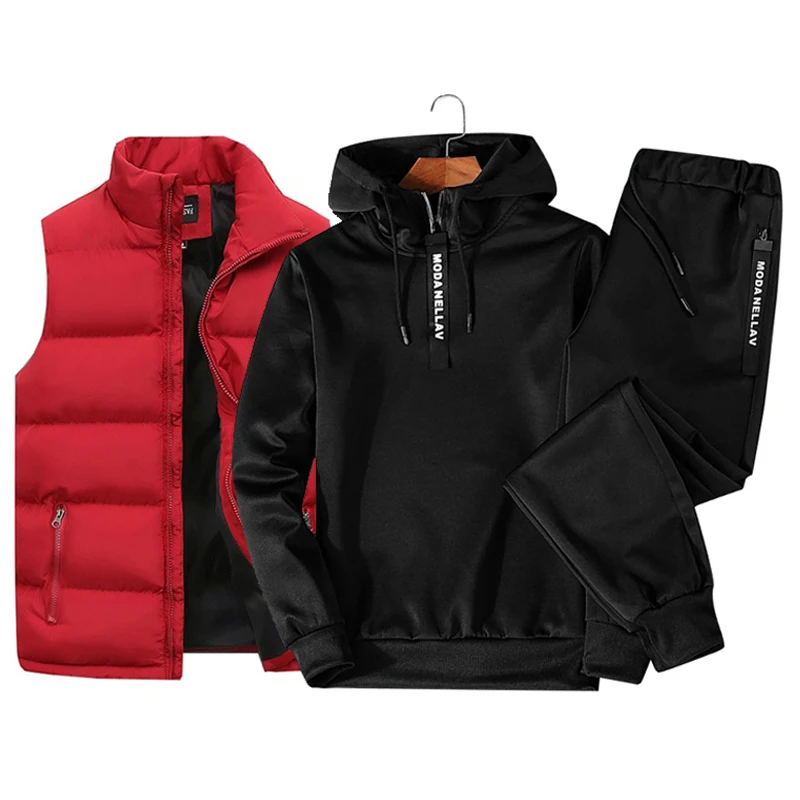 Mens Tracksuit Suits Half zip Hooded Sweatshirt+Waterproof Down Vest+Sweatpants 3 Piece Set 2023 New Winter Warm Casual Clothes