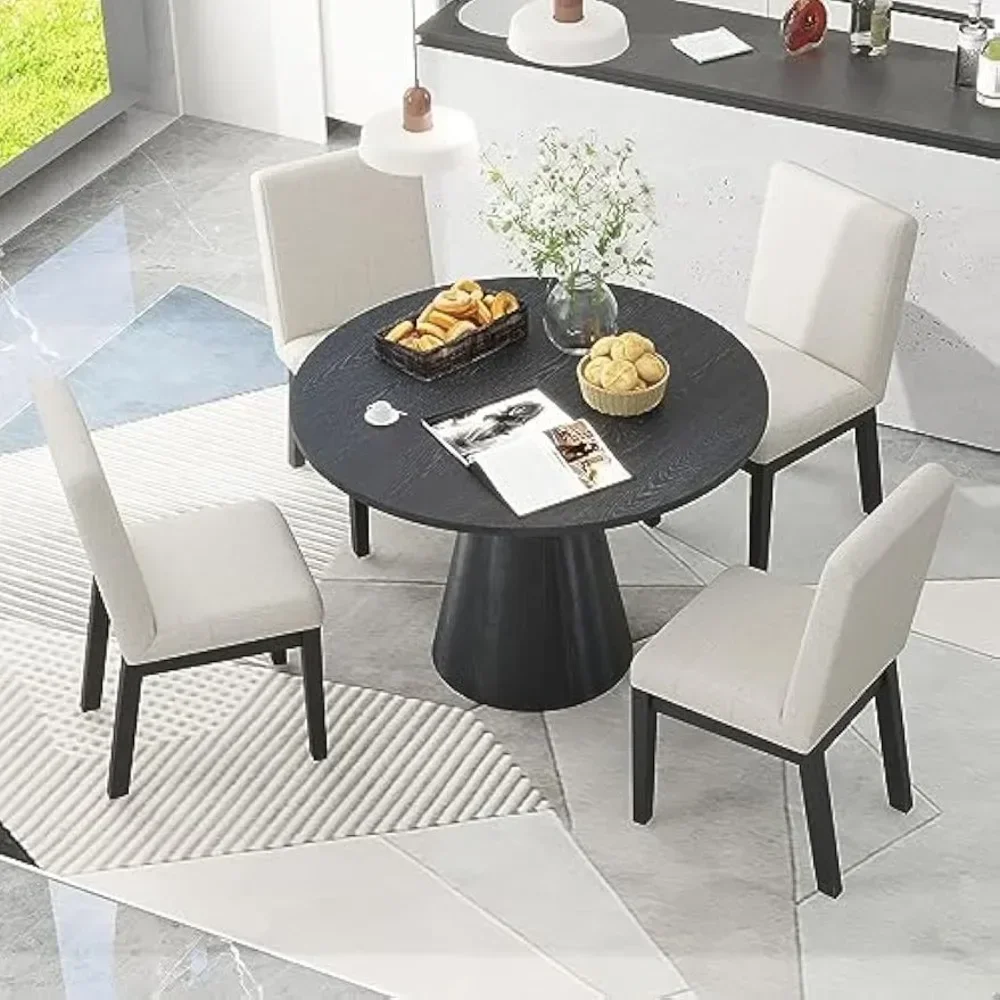 5 Piece Round Dining Table Set for 4 Retro Round Kitchen Table and 4 Upholstered Chairs Circle Dining Room