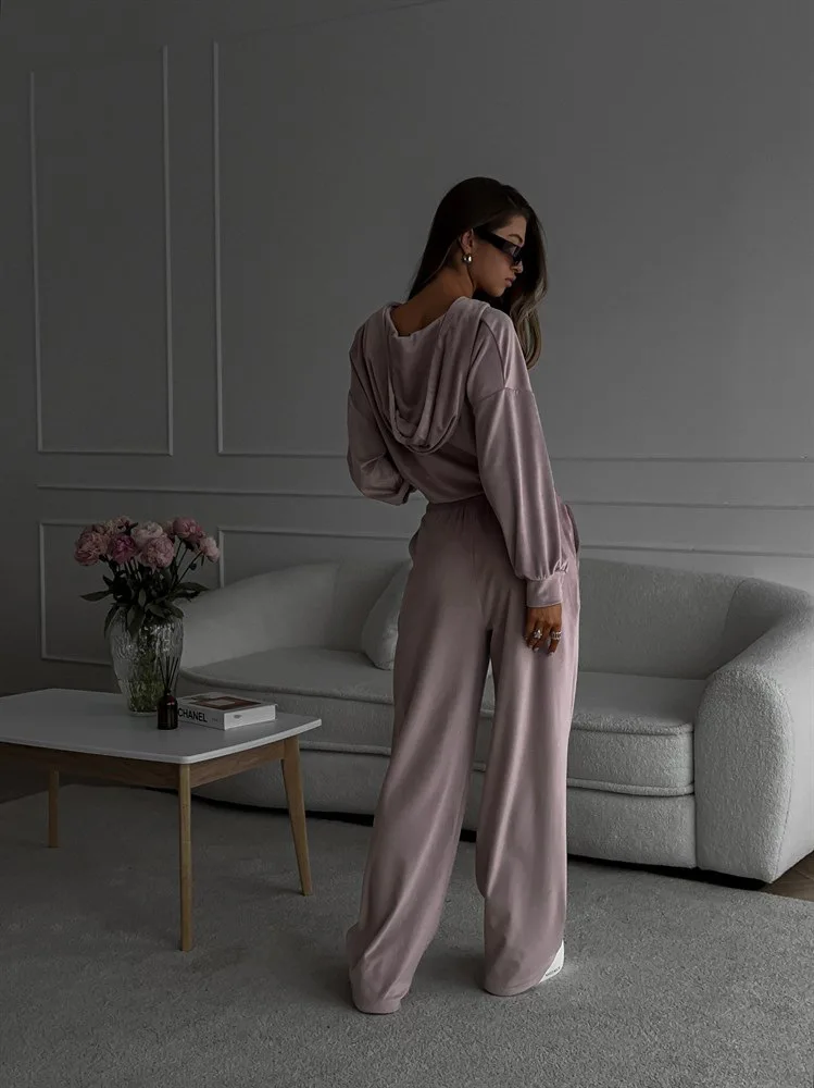 レディースパンツ2点セット 秋冬 無地 カーディガン ストリートスタイル ハイウエスト スウェットシャツ Conjunto 2 Piezas Para Mujer