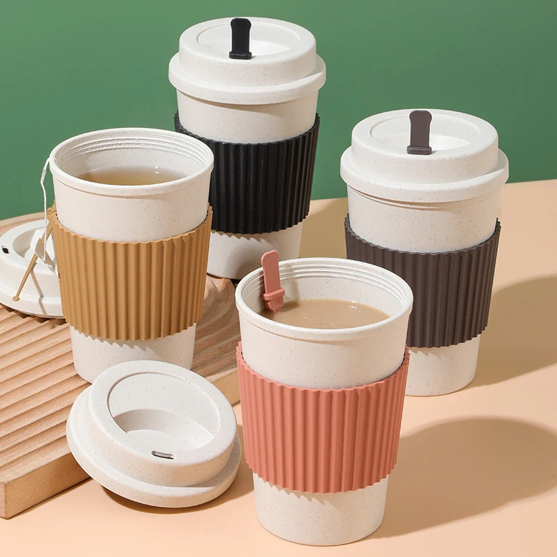 Reusable Coffee Cups With Lids Wheat Straw Portable Coffee Cup Dishwasher Safe Eco Friendly Coffee Mug Coffee Tea Espresso Cups