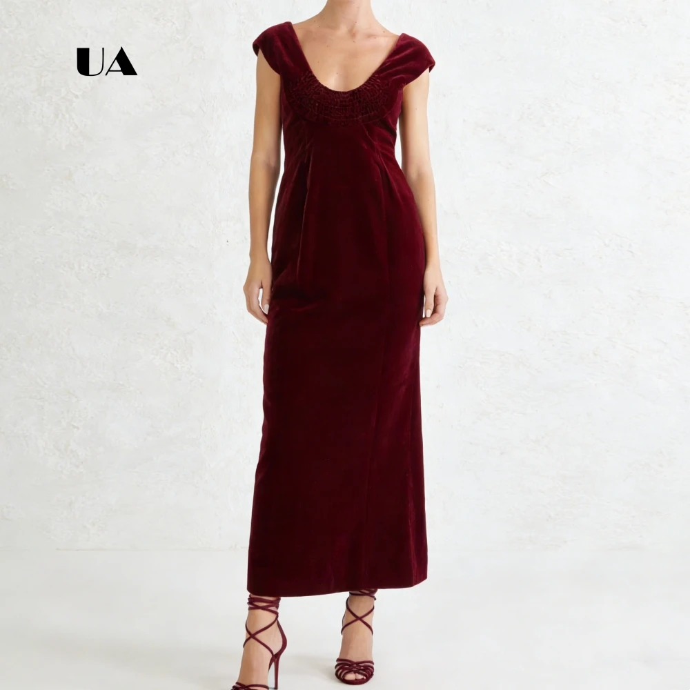 

ULBYANRY Velvet Sheath Prom Dress with Cap Sleeve Solid Scoop Neck Shirring Evening Dress for Woman Simple Customized Party Gown