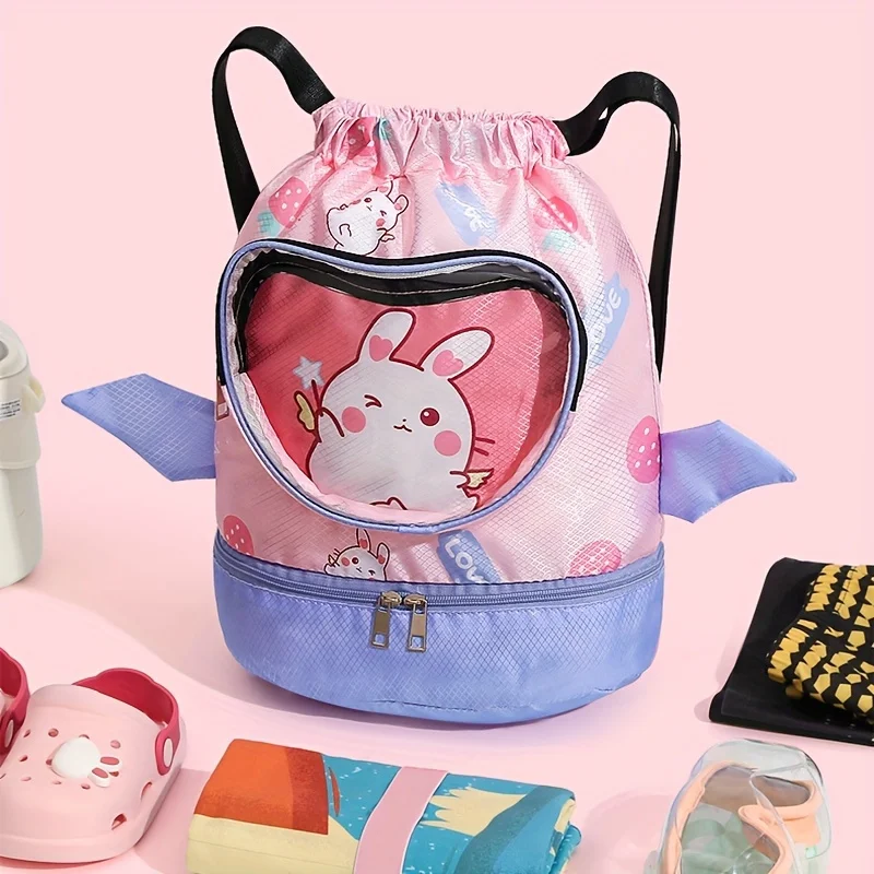 Multifunction Drawstring Backpack Cartoon Printing Swimming Beach Bag with Shoes Organizer  Portable Lightweight Shoulders Bag
