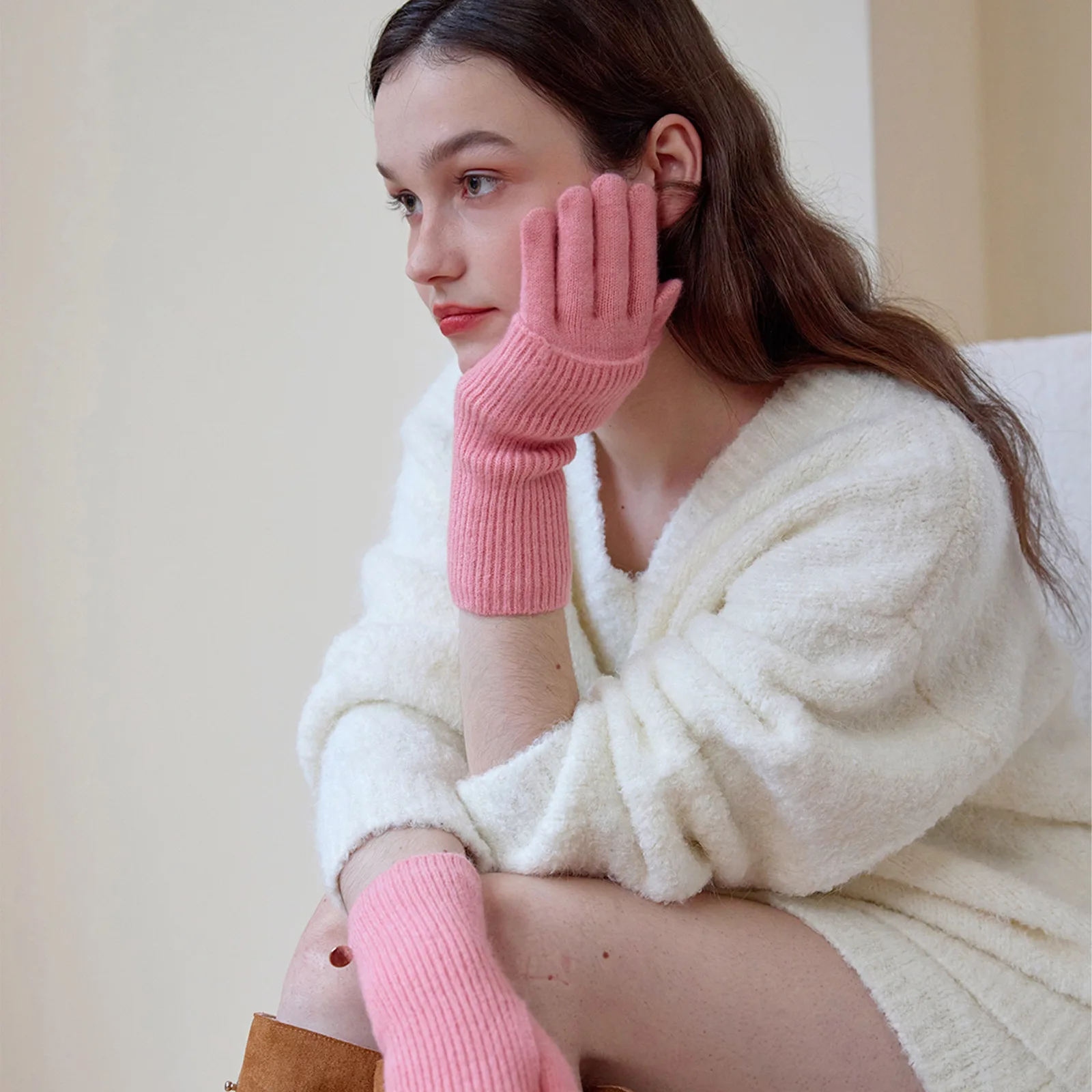 Convertible Fingerless Touchscreen Knit Gloves Women Winter Warm Detachable Wool Split-Finger