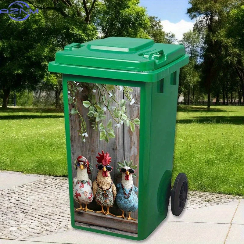 1PC2D Flat 1pc Trash Can Stickers Garbage Bin Decals Featuring Three Chickens Wearing Sunglasses And Clothes Stand Together Pe