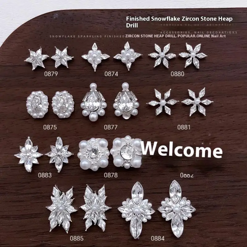 5Pcs Snowflake Flower Zircon Pearl Crystals Rhinestones Christmas Jewelry Flash Nail Art Decorations Nails Accessories Charms