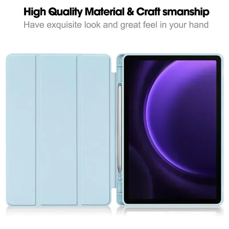 Para samsung tab s9 fe caso com suporte de caneta três dobras leaher macio suporte traseiro capa inteligente para galaxy tab s9 fe 10.9 polegada 2023 caso