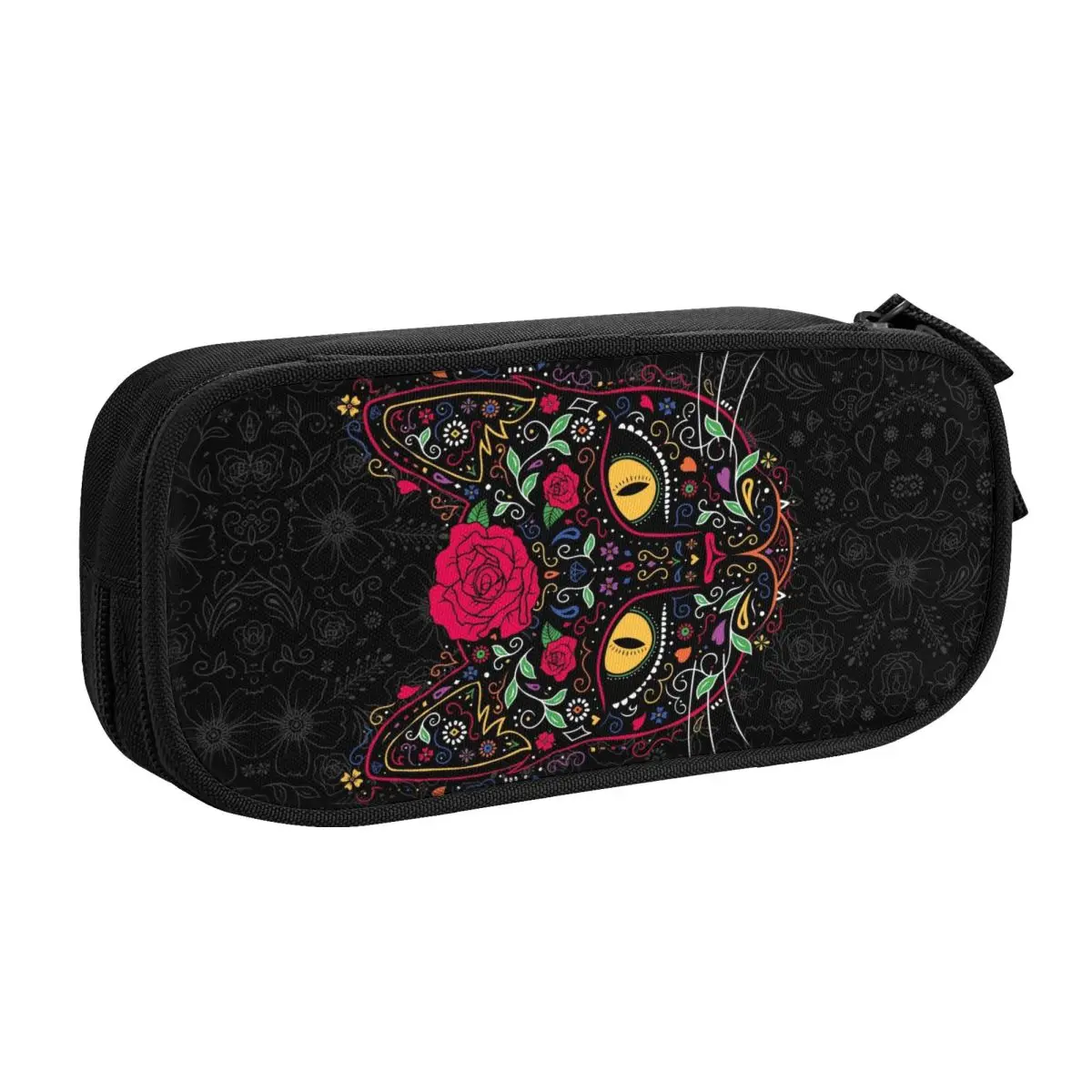 Custom Day Of The Dead Kitten Cat Sugar Skull Pencil Cases for Large Storage Mexican Halloween Floral Pencil Bag School Supplies