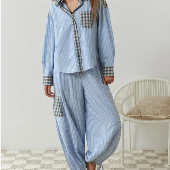 2024 Autumn AliExpress Women\'s Casual Loungewear Checked Shirt Set Pajamas Long Sleeves