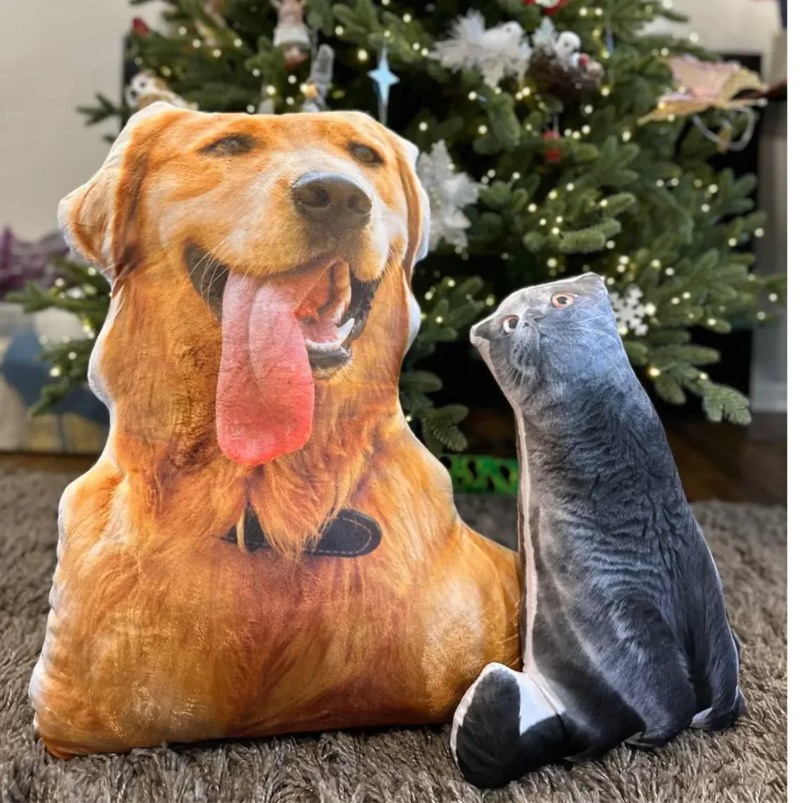

Customized photo pillow with realistic cat and dog shapes, personalized plush gift for friends, olive brown polyester