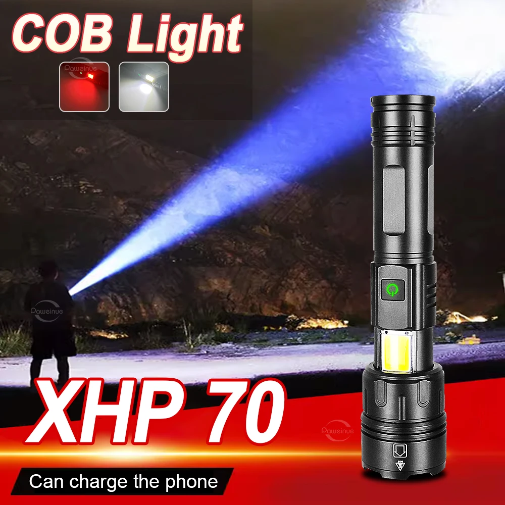 

2024 XHP70 COB LED Tactacal Flashlight USB Rechargeable High Power 18650 26650 Camping Fishing hunting Torch with side lights