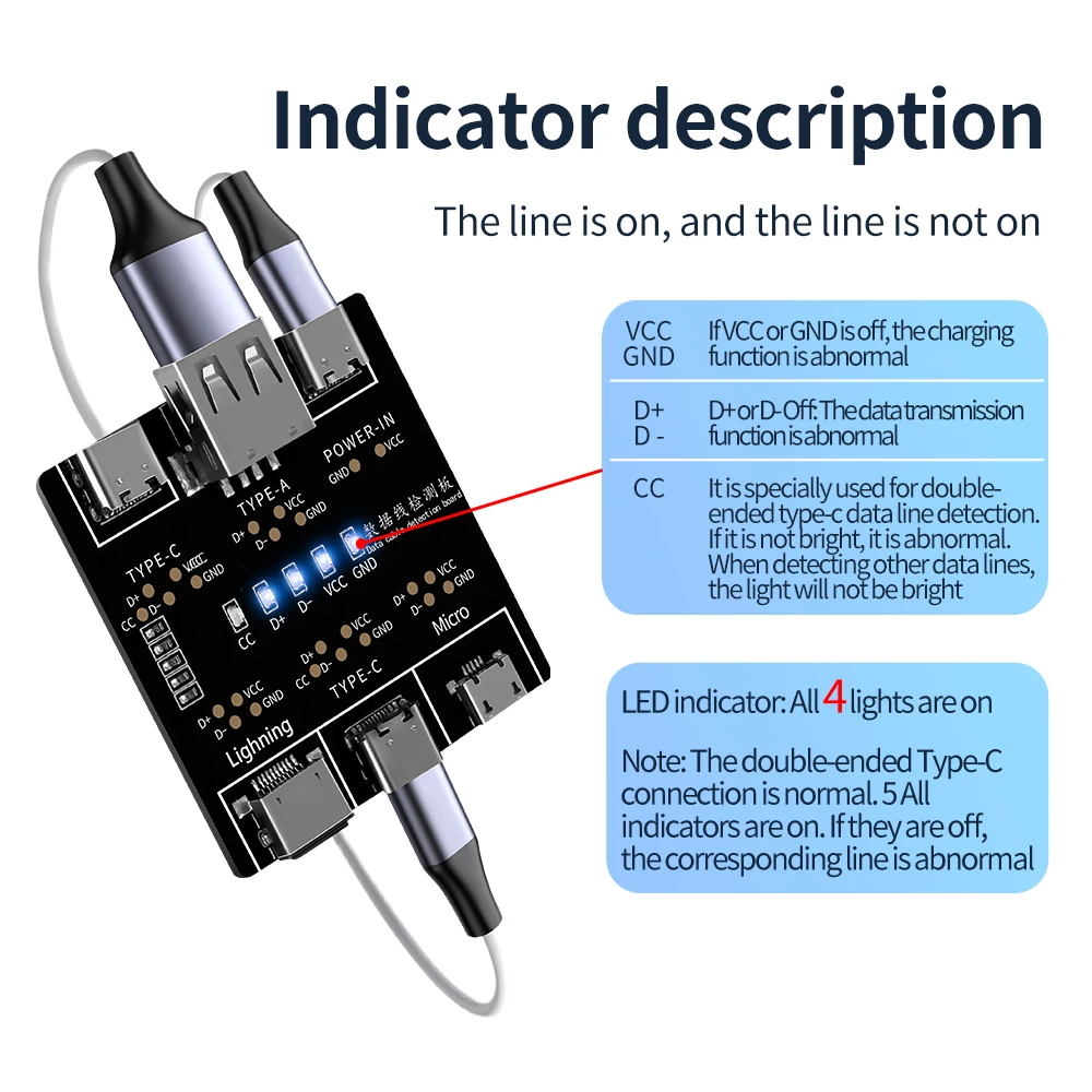 Cabo de Dados Detector Board, USB Cable Tester, Short Circuit On-Off Switching Test, Ferramenta para iOS, Android, Type-C Test Board, DT3