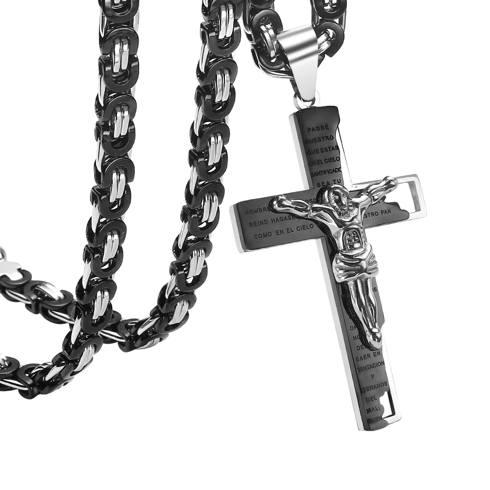 Heavy Crucifix Jesus Cross Necklace Stainless Steel Christs Pendant 6mm Byzantine Chain Men Necklaces Jewelry Gifts