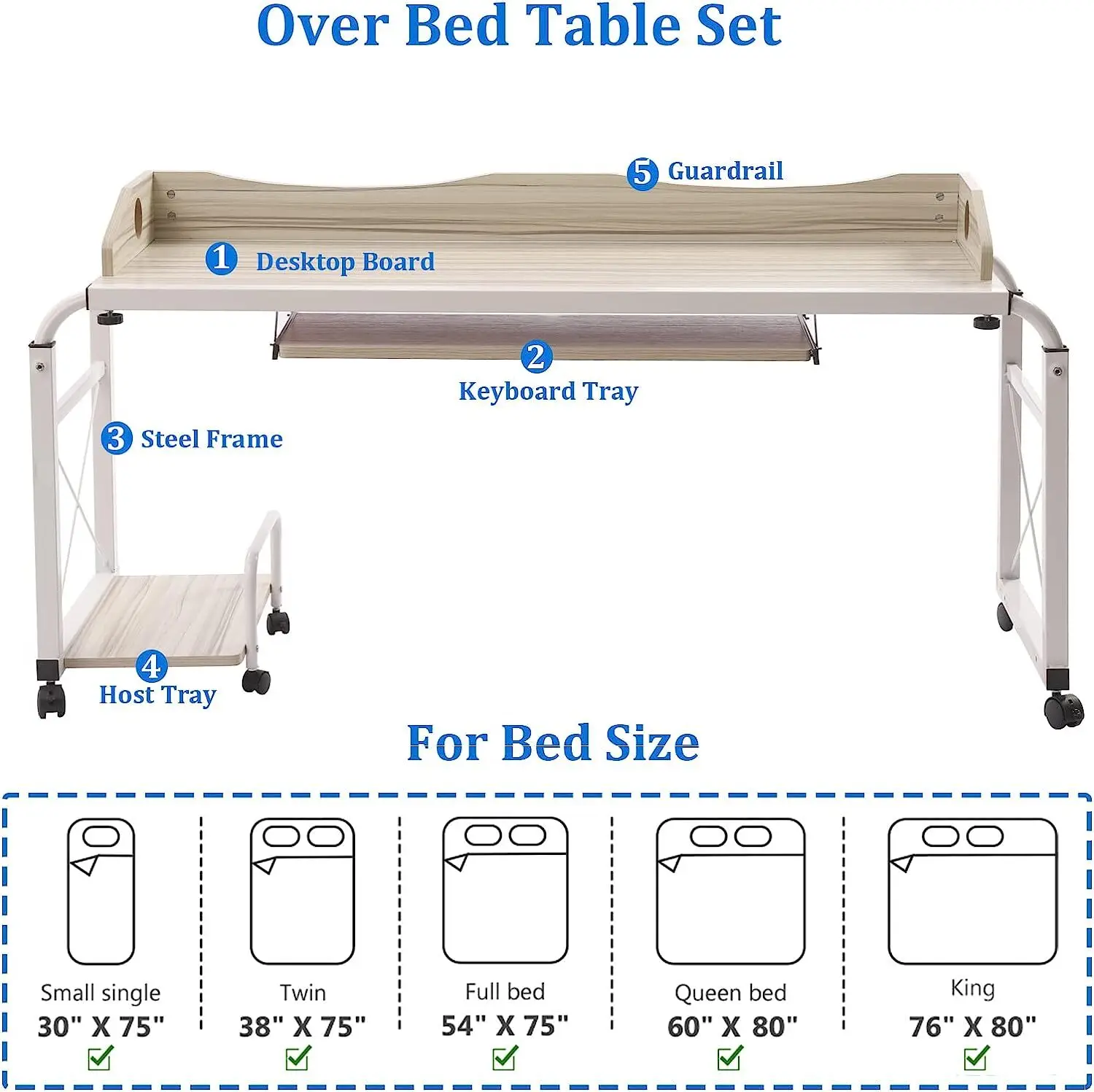 Computer DesksAdjustable Over Bed Table with Rolling Laptop Desk Cart for Home Use