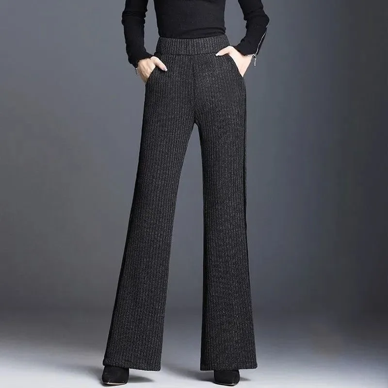 Women's High Waist Ribbed Flare Pants Thickened Side Strip Slim Draped Casual Bell Bottom Trousers