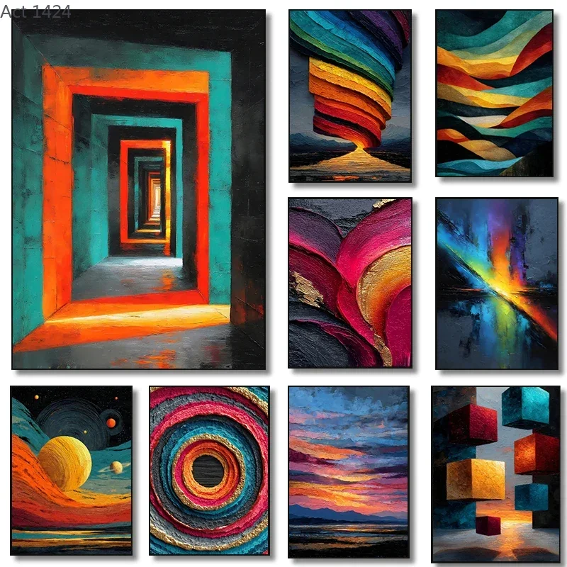 1pc frameless canvas Colorful Abstract Chromatic Horizons Posters Wavy Floating Cubes Modern Prints  Wall Art Pictures Home R