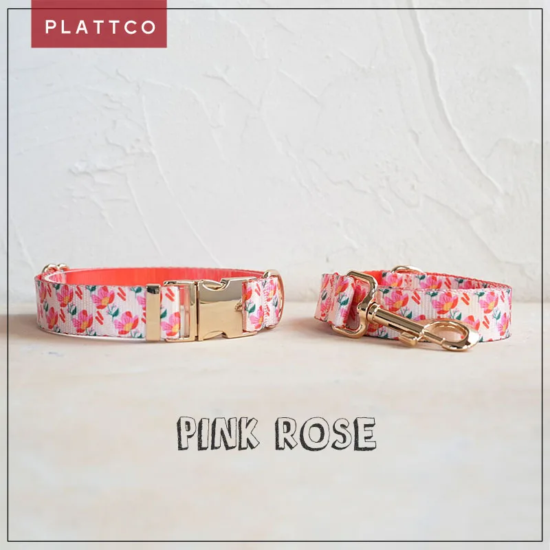 PLATTCO unique design dog set print Pink Rose pattern with high quality light color zinc alloy buckle 5 size PDC346G&PDL346G