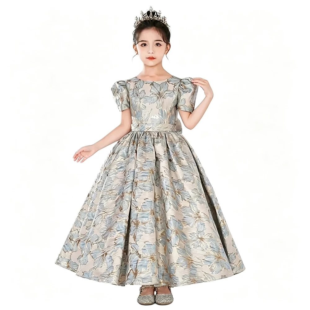 Luxury Jacquard Short Puff Sleeve Banquet And Night Dress For Girls Princess Back Bow Pageant And Evening Party Ball Gown Kids