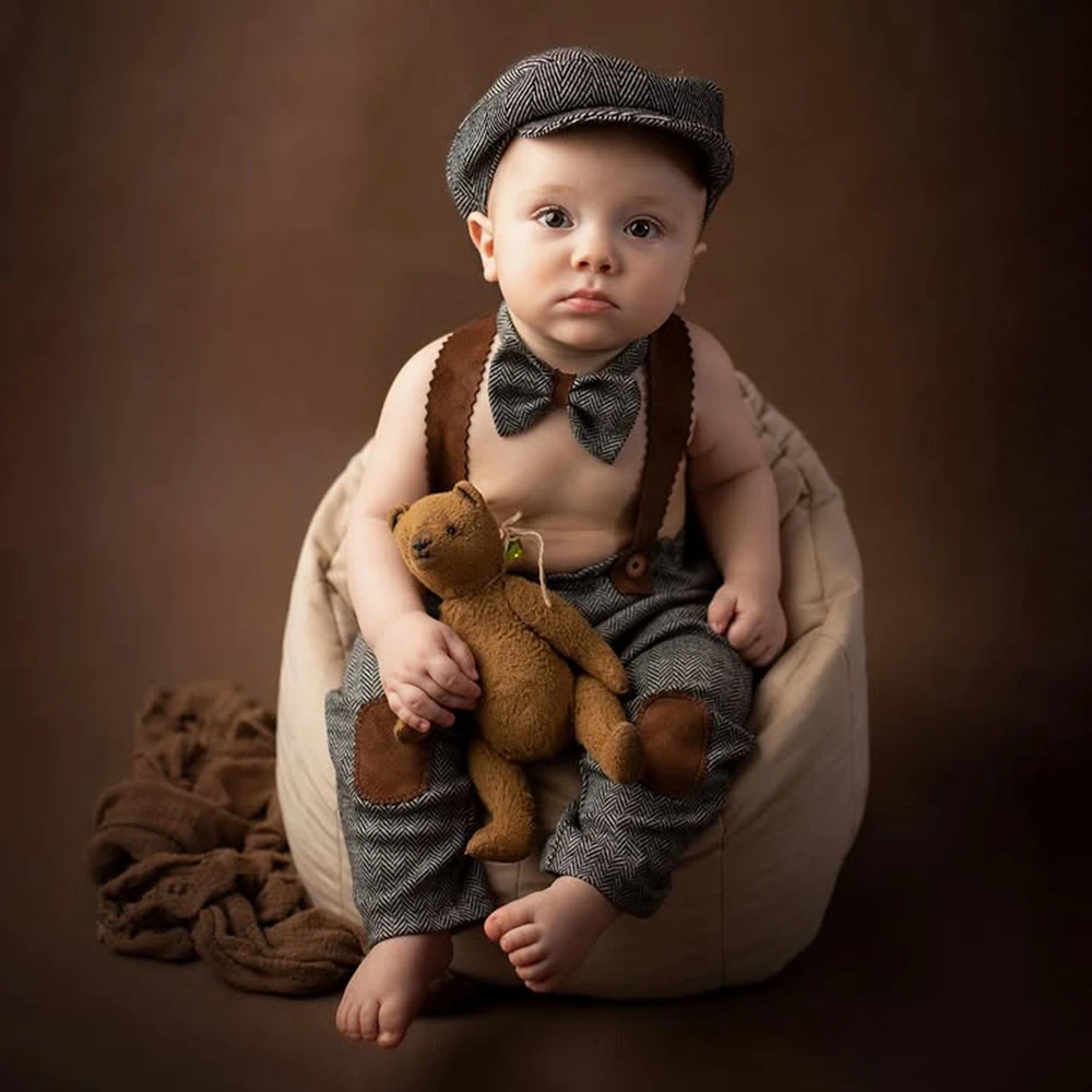 Newborn Photography Props Baby Boy Vintage Gentleman Outfit Herringbone Vest Suspender Pants Beret Bow Tie Newborn Photo Props