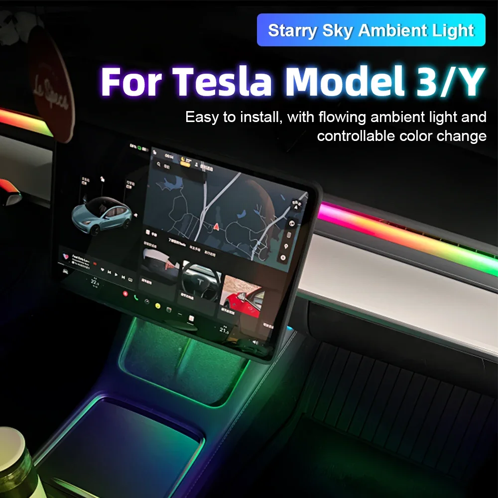 For Tesla Model 2021-2025 Y 3 RGB Ambient Light Kit Dashboard Center Console Center Lamp APP Control LED Strips Neon Lighting