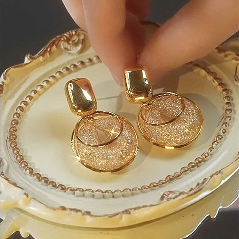 Vintage Metal Big Round Dangle Earrings for Women Exaggerated Gold Color Long Geometric Statement Earrings Jewelry 2024 New