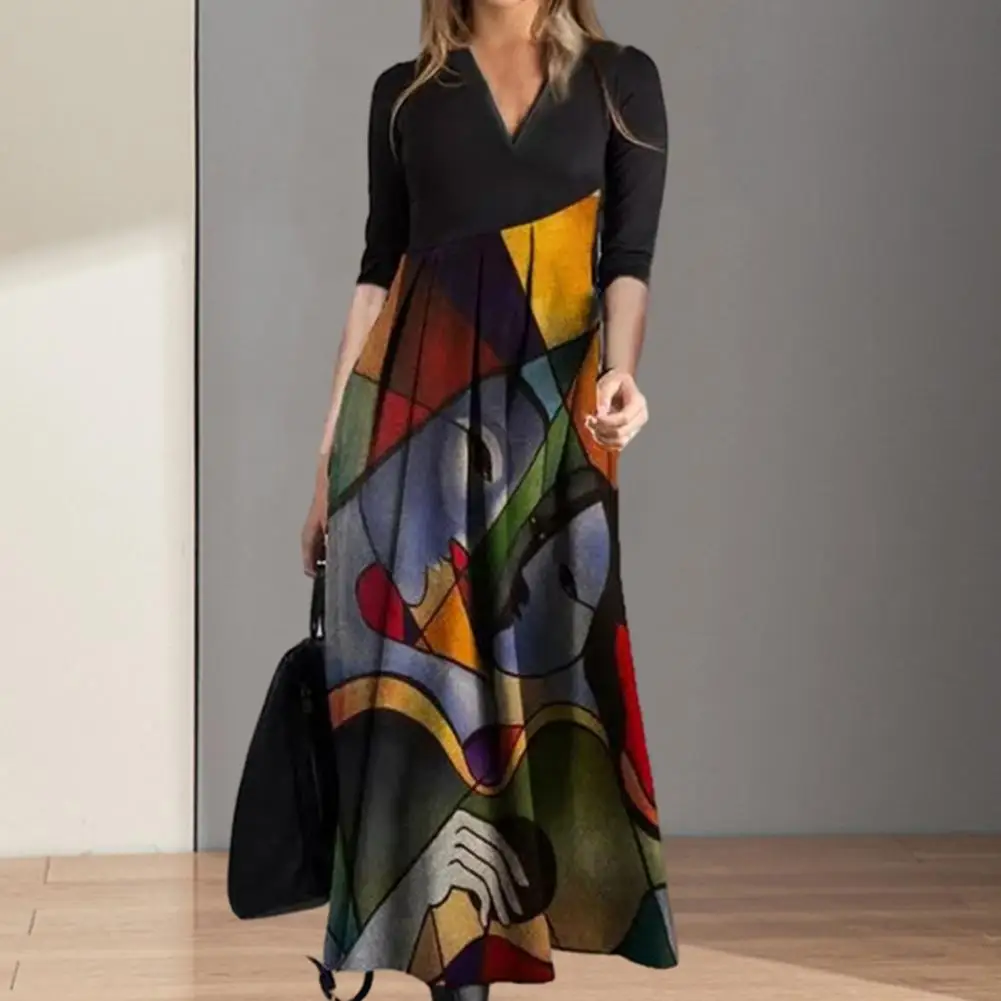 V-Neck Maxi Dress Chic Printed Elegant Comfortable Stylish Spring Autumn Commute Dress Lady Accessories